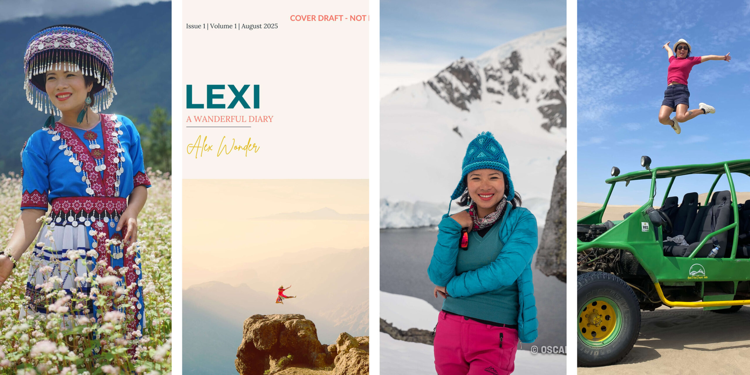 A vibrant collage of Alex’s travel photos from around the world — from mountain peaks and flower fields to icy landscapes and bustling cities — highlighting moments from her solo adventures shared on Instagram.