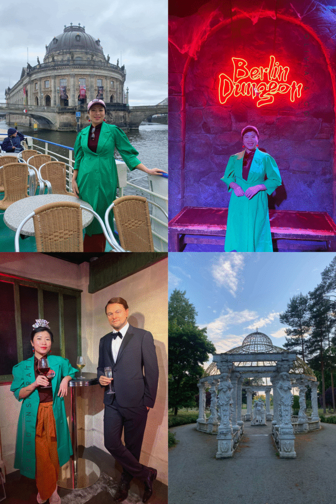 Collage showing four free birthday activities in Berlin: a river cruise on the Spree, the Berlin Dungeon tour, Madame Tussauds Berlin, and Kristall Therme sauna experience.