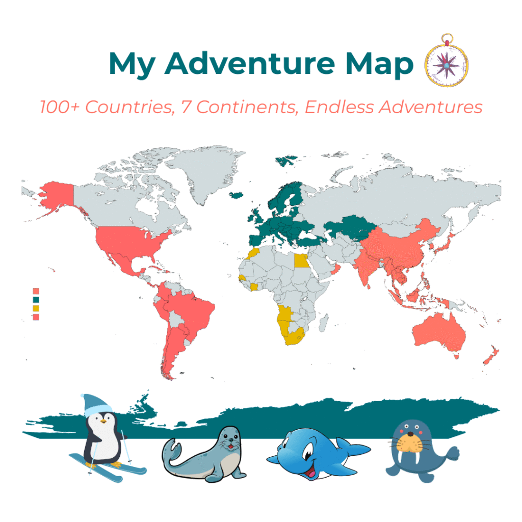 A colorful world map highlighting the 102 countries and all 7 continents visited by Alex, a Vietnamese female traveler and author.