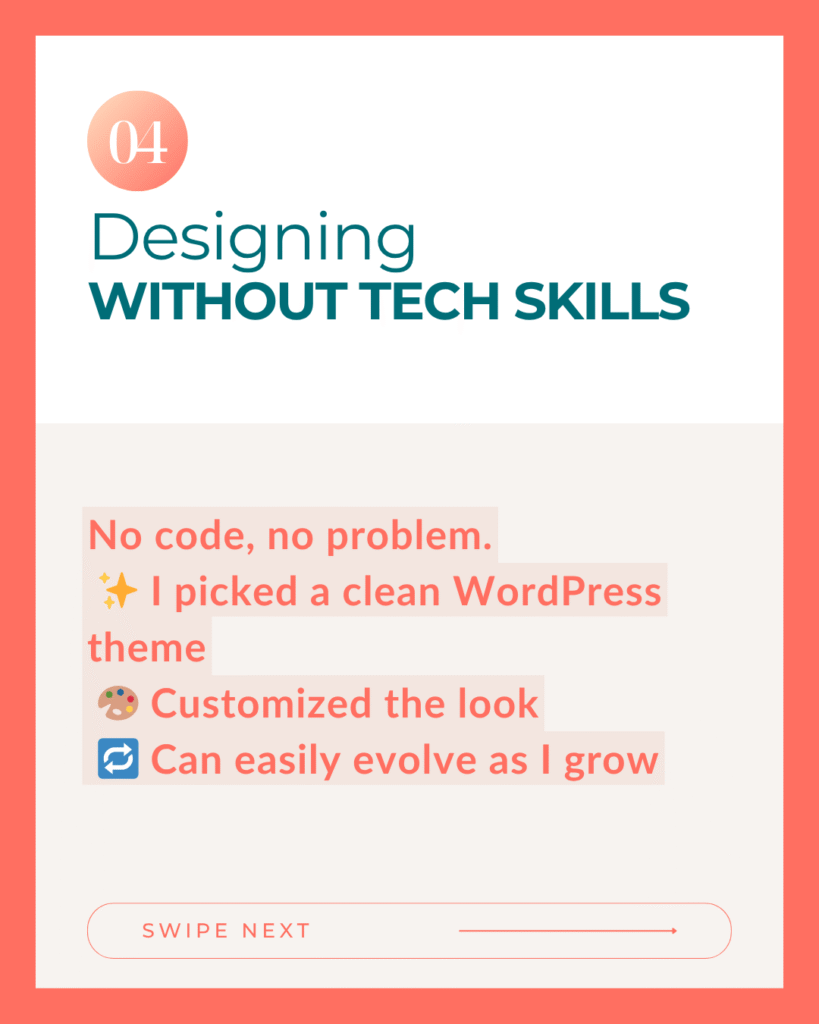 Text-only slide explaining the design process with WordPress as a non-tech user