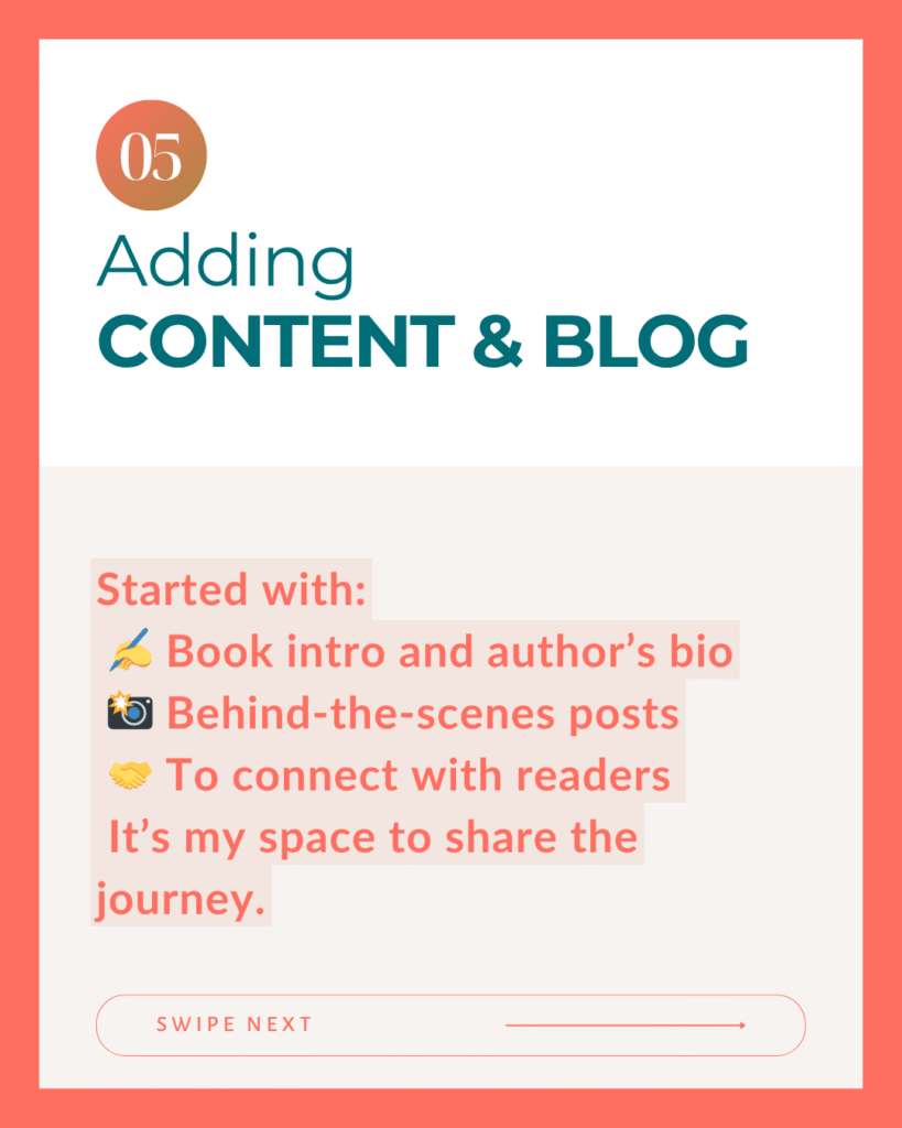 Text-only slide describing content creation and blogging as part of the website setup